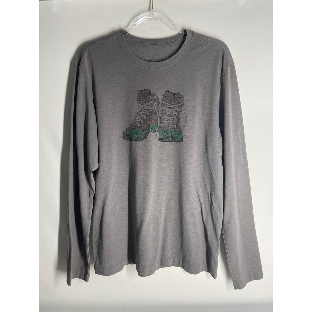 Life is Good Hiking Boots Long Sleeve Gray Cool Tee Size Medium Men's